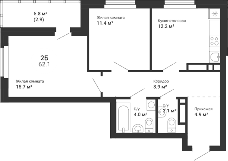 Планировка 3Е-к.кв, 62,1 м² в ЖК Южный сад